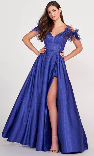 Ellie Wilde EW34131 - V-Neck Beaded Satin Prom Gown Prom Dresses 00 / Royal Blue