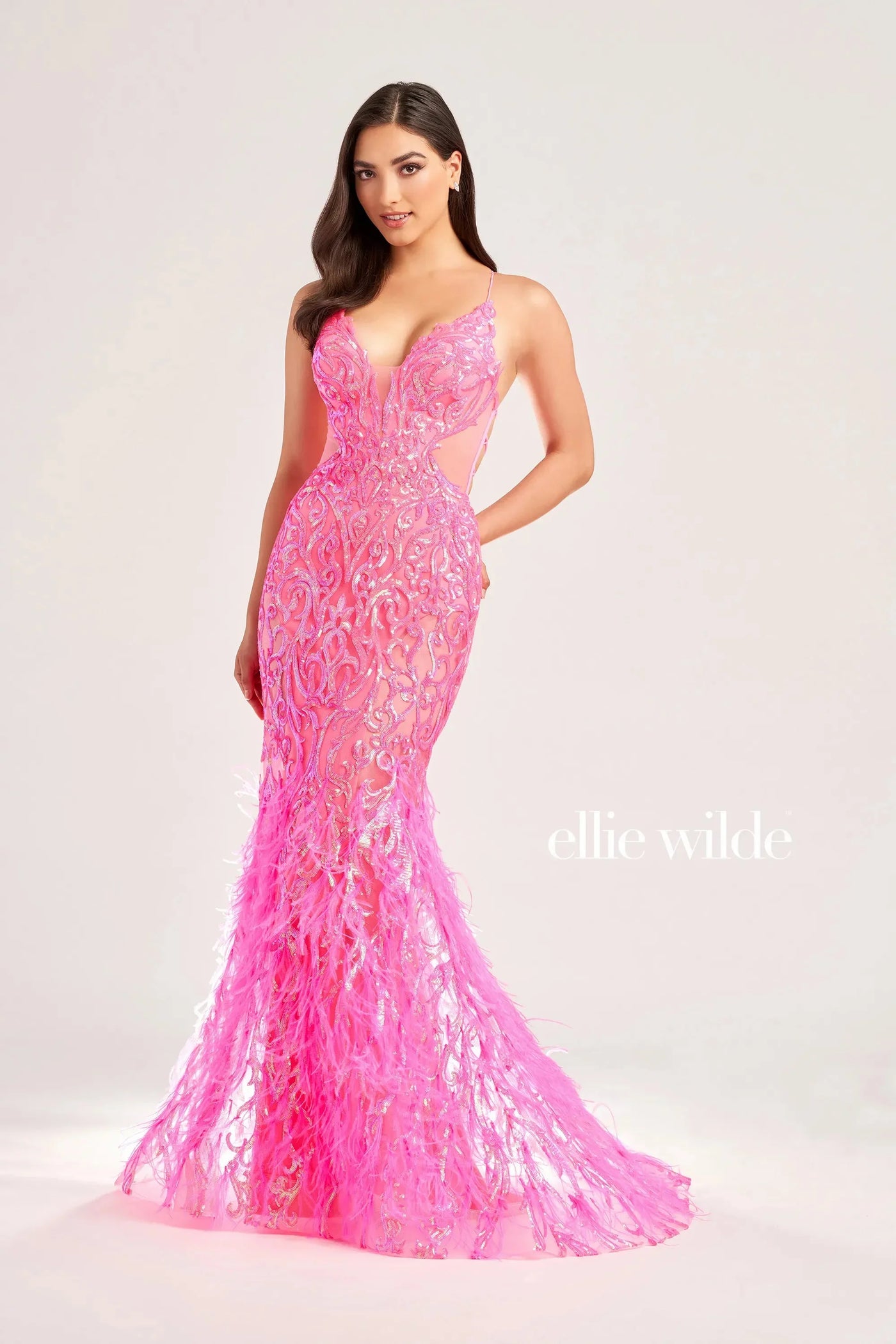 Ellie Wilde EW35006 - Open Back Feather Evening Dress