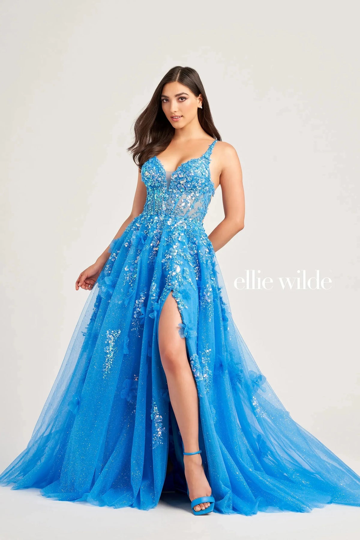 Ellie Wilde EW35047 - Long Glitter Tulle, Lace Applique, Sequin , Three- Dimensional Flowers A-Line Dress - Sequin, Sheer Inset, Corset, Illusion, Sleeveless, High Slit, Floor Length, Open Back, Lace Up, Court Ellie Wilde EW35047 - Long Glitter Tulle, Lace Applique, Sequin , Three- Dimensional Flowers A-Line Dress - Sequin, Sheer Inset, Corset, Illusion, Sleeveless, High Slit, Floor Length, Open Back, Lace Up, Court