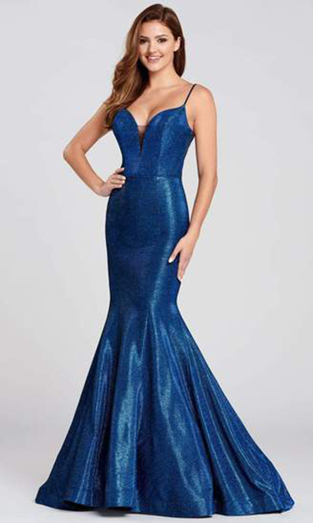 Ellie Wilde - Spaghetti Straps Sleeveless Deep V Neck Mermaid Dress EW120109SC In Blue