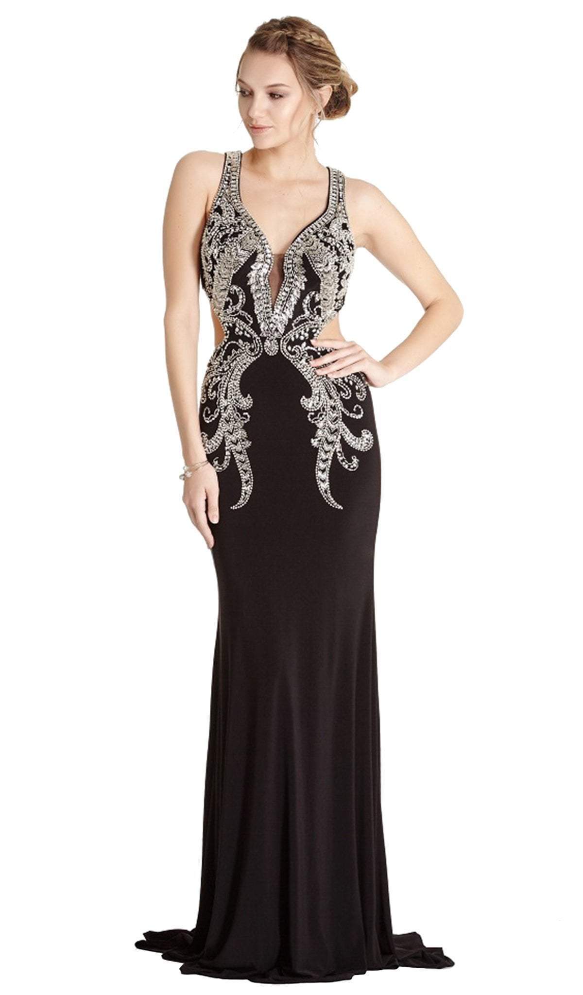 Embellished Deep V-neck Sheath Evening Dress Dress XXS / Black