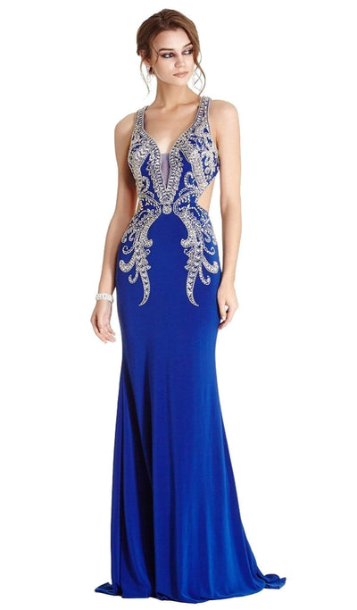 Embellished Deep V-neck Sheath Evening Dress Dress XXS / Royal