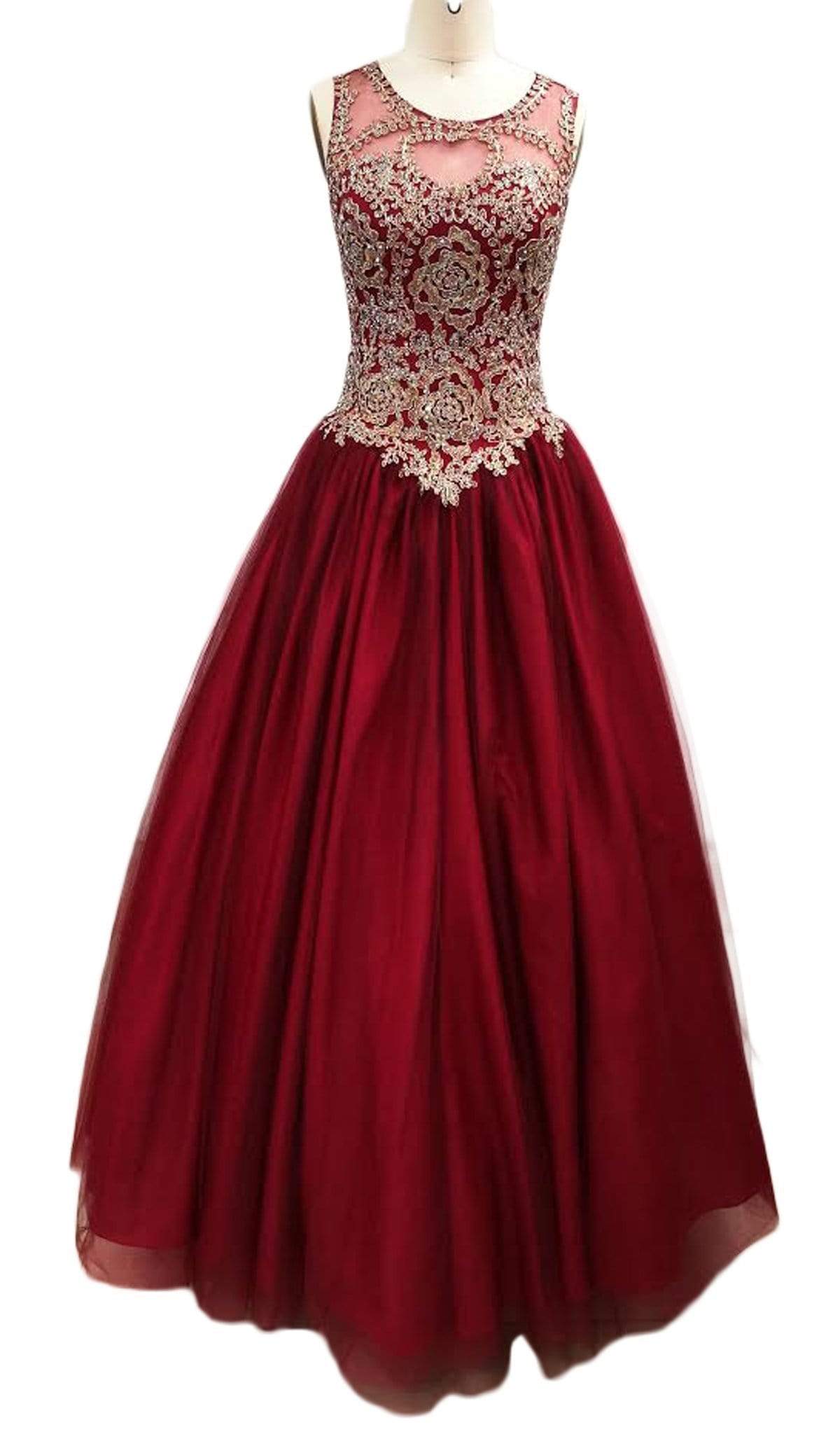 Embellished Illusion Bateau Evening Ballgown Quinceanera Dresses XXS / Burgundy