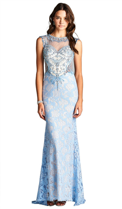 Embellished Illusion Bateau Evening Dress Dress XXS / Light-Blue