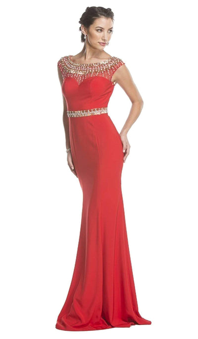 Embellished Illusion Bateau Neck Evening Dress Dress XXS / Red-Gold