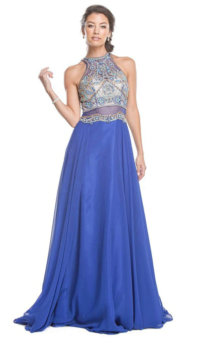 Embellished Illusion Halter A-line Prom Dress Dress XXS / Royal