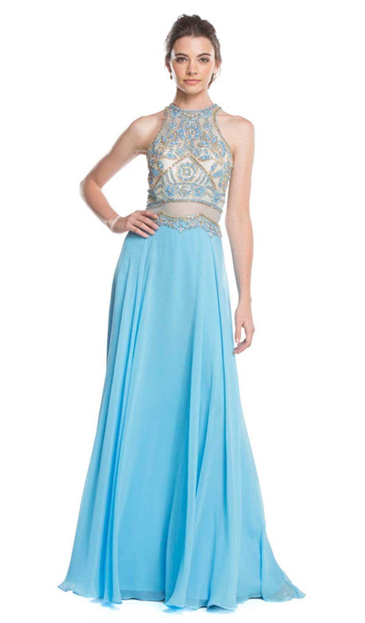 Embellished Illusion Halter A-line Prom Dress Dress XXS / Turquoise