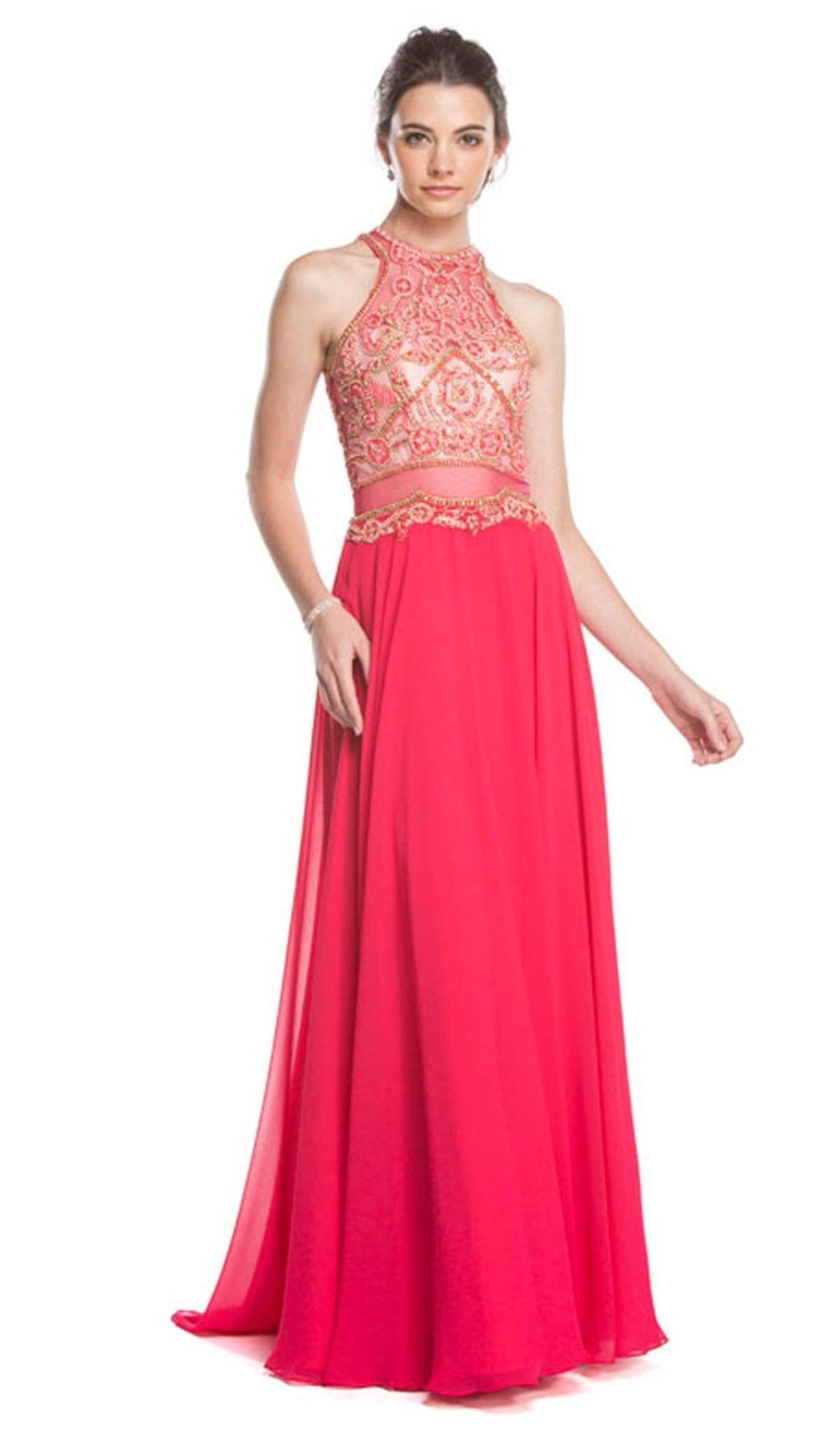 Embellished Illusion Halter A-line Prom Dress Dress XXS / Watermelon