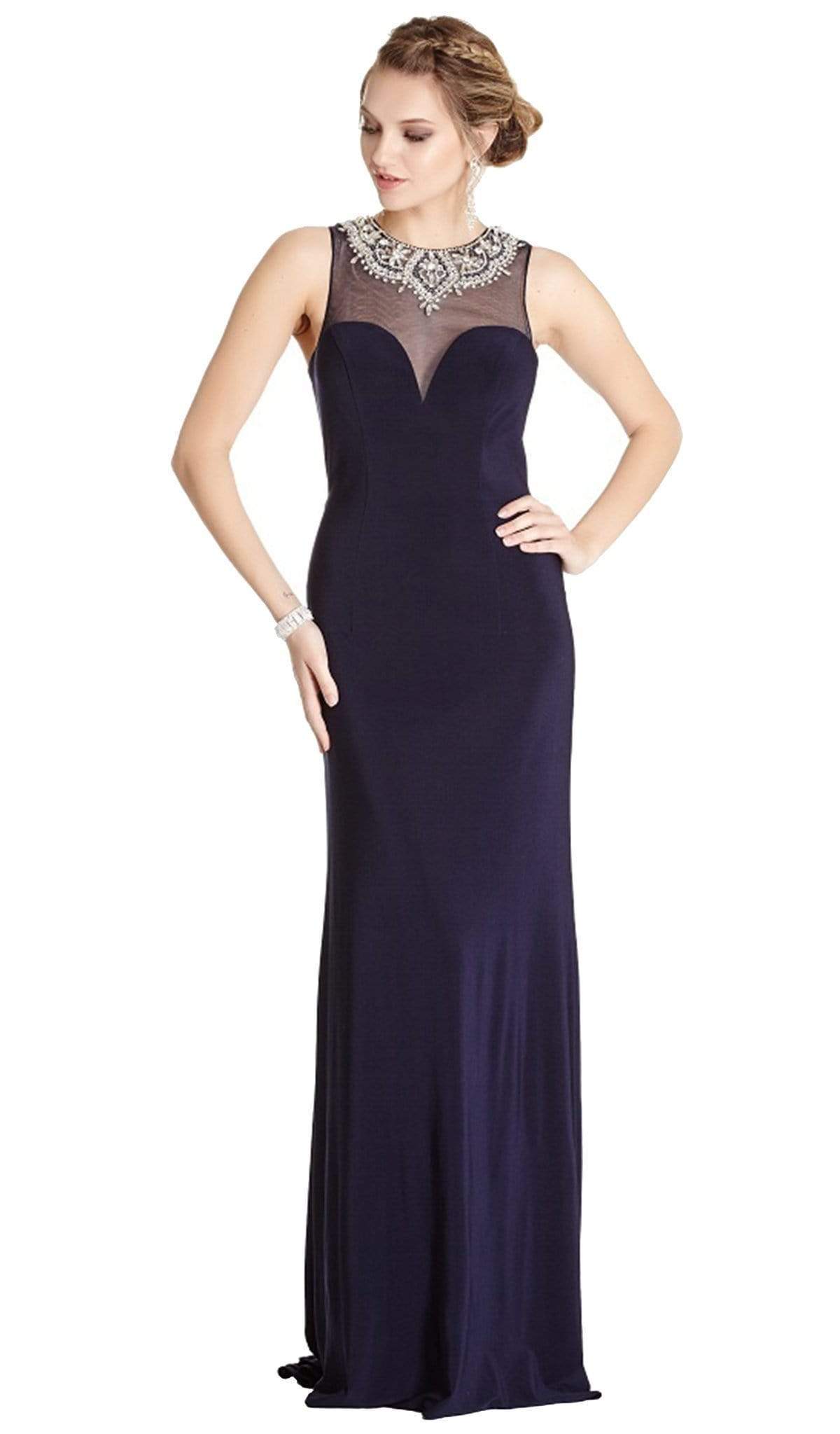 Embellished Illusion Jewel Sheath Prom Dress Dress XXS / Navy