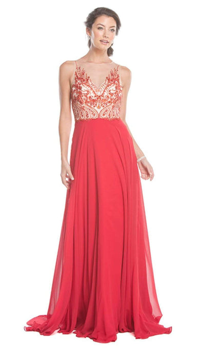 Embellished Illusion Neck A-line Prom Dress Dress XXS / Burgundy