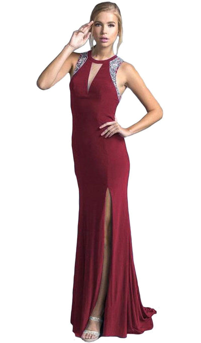 Embellished Jewel Cutout Sheath Prom Dress Dress XXS / Burgundy