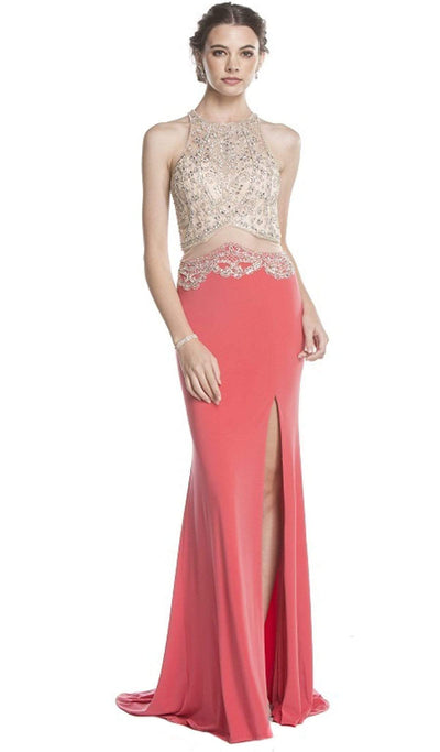 Embellished Sheer Fitted Evening Dress Dress XXS / Coral