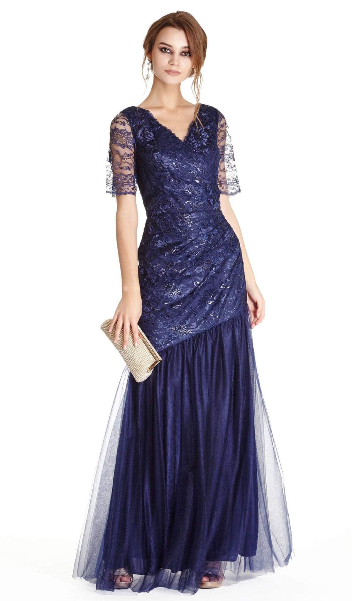 Embellished V-neck Trumpet Evening Dress Mother of the Bride Dresses XXS / Navy