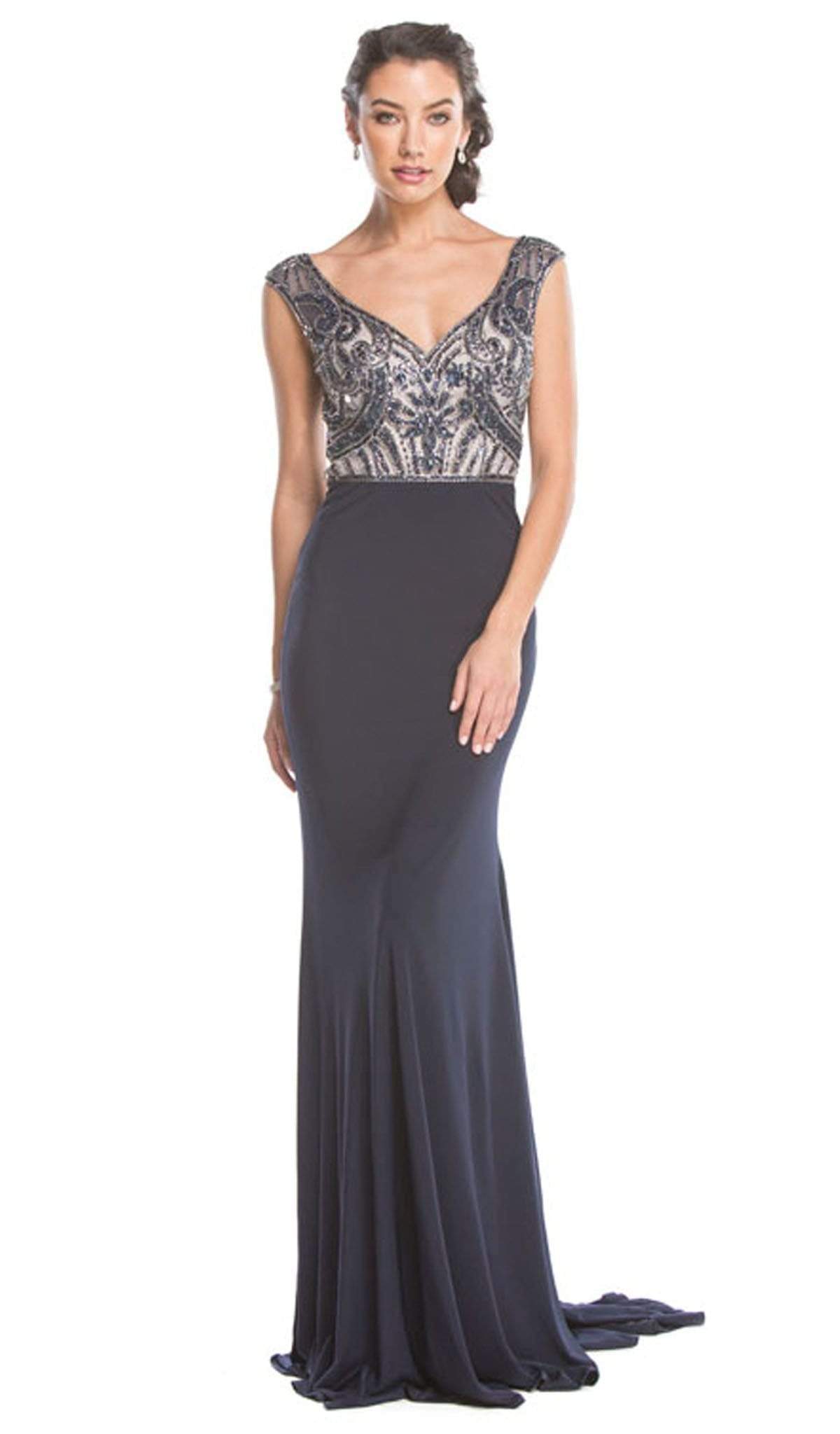 Embroidered Wide V-neck Sheath Evening Dress Dress XXS / Navy