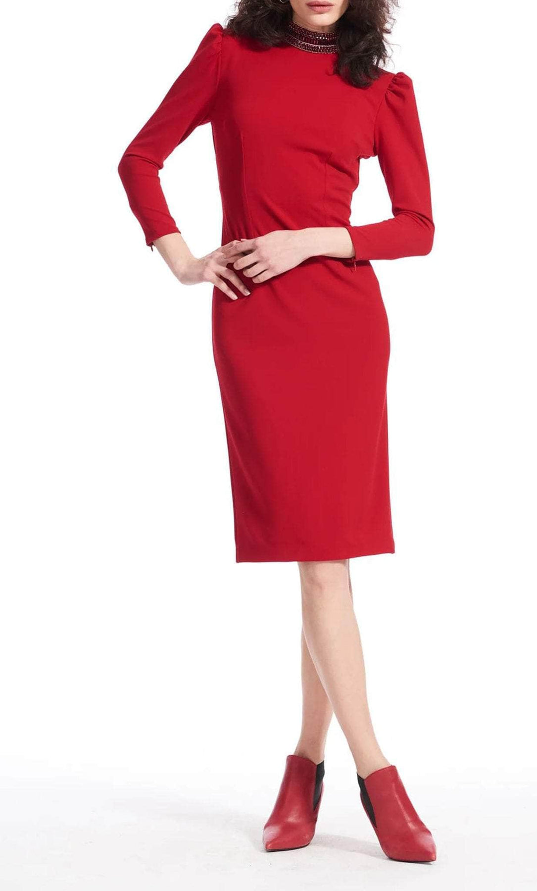 Emily Shalant 17D 0019 - Beaded High Neck Quarter Sleeve Cocktail Dress Semi Formal 0 / Red