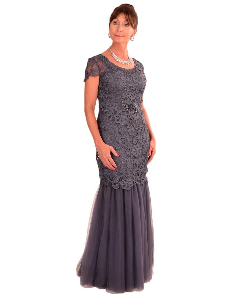Emma Street - Laced Scoop Neck Tulle Mermaid Gown ES801 in Gray