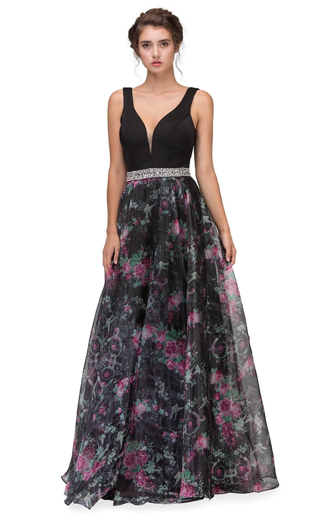 Eureka Fashion 7020 - Floral Printed V-Neck Dress Prom Dresses XS / Black Floral Print