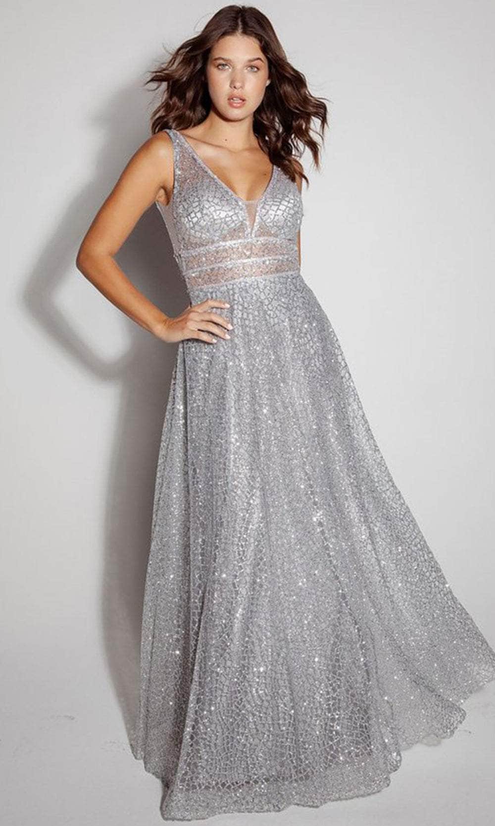 Eureka Fashion 9005 - Long Glitter Mesh A-Line Dress - Illusion Top Bodice, Sleeveless, Beaded Trim, Glitters, Sheer Sides, V-Back, Back Zipper, Floor Length ADASA Eureka Fashion 9005 - Long Glitter Mesh A-Line Dress - Illusion Top Bodice, Sleeveless, Beaded Trim, Glitters, Sheer Sides, V-Back, Back Zipper, Floor Length ADASA