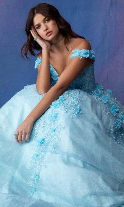 Eureka Fashion 9339 - Floral Embroidered Off-shoulder Ballgown Prom Dresses XS / Bahama Blue