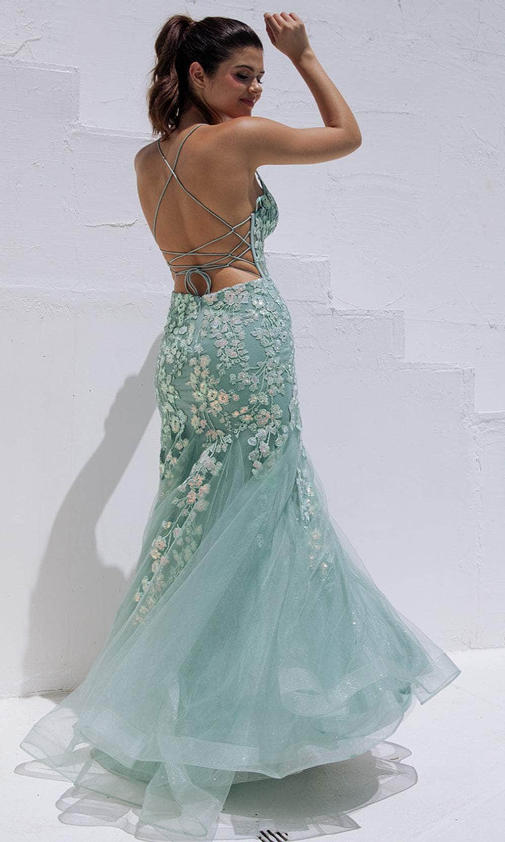 Eureka Fashion 9696 - Long Mermaid Dress - Spaghetti Strap, Sleeveless, Lace Appliqued, Sequins, Open Lace-Up Back, Godets, Horsehair Hem, Floor Eureka Fashion 9696 - Long Mermaid Dress - Spaghetti Strap, Sleeveless, Lace Appliqued, Sequins, Open Lace-Up Back, Godets, Horsehair Hem, Floor