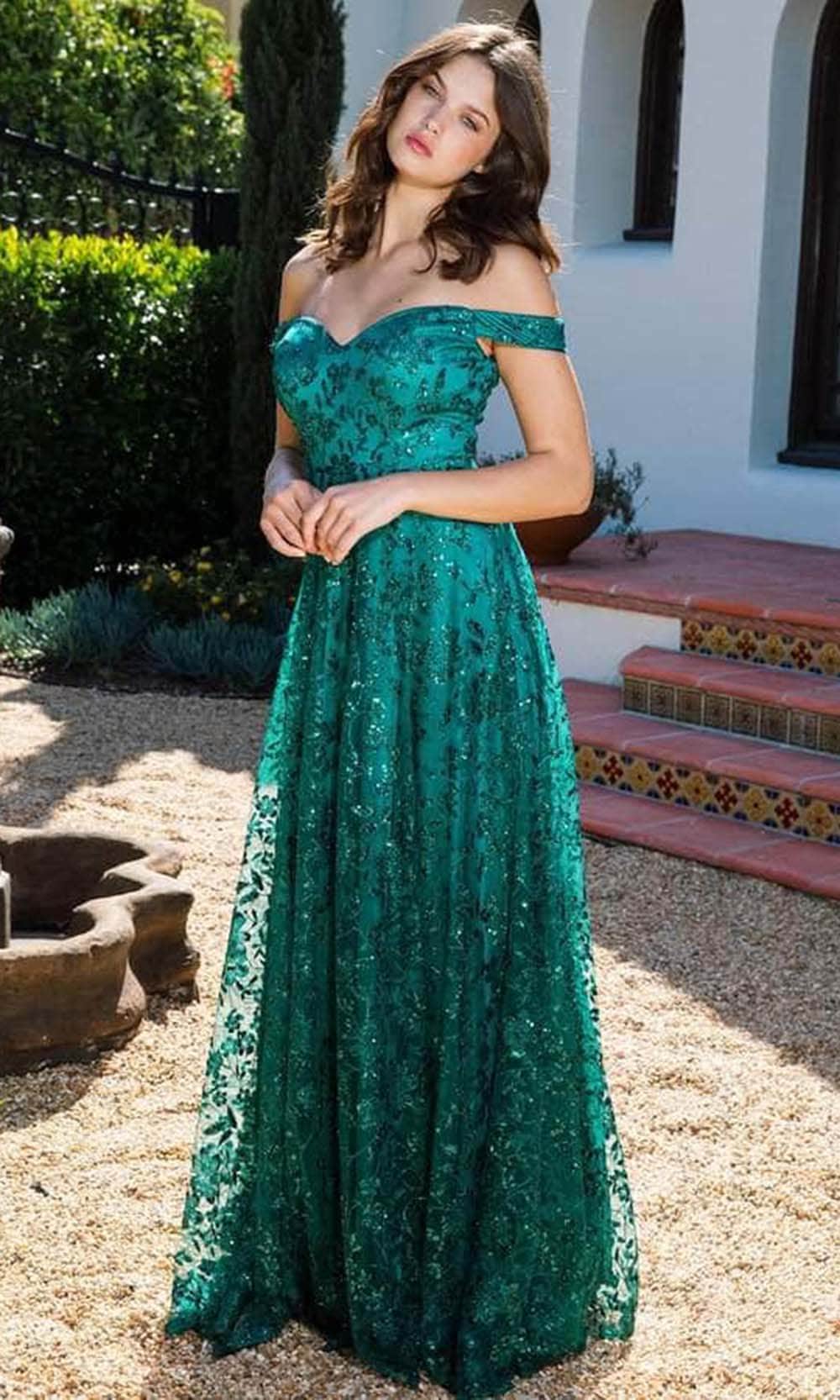 Eureka Fashion 9766 - Embroidered Off-shoulder Evening Gown Evening Gowns XS / Emerald Green