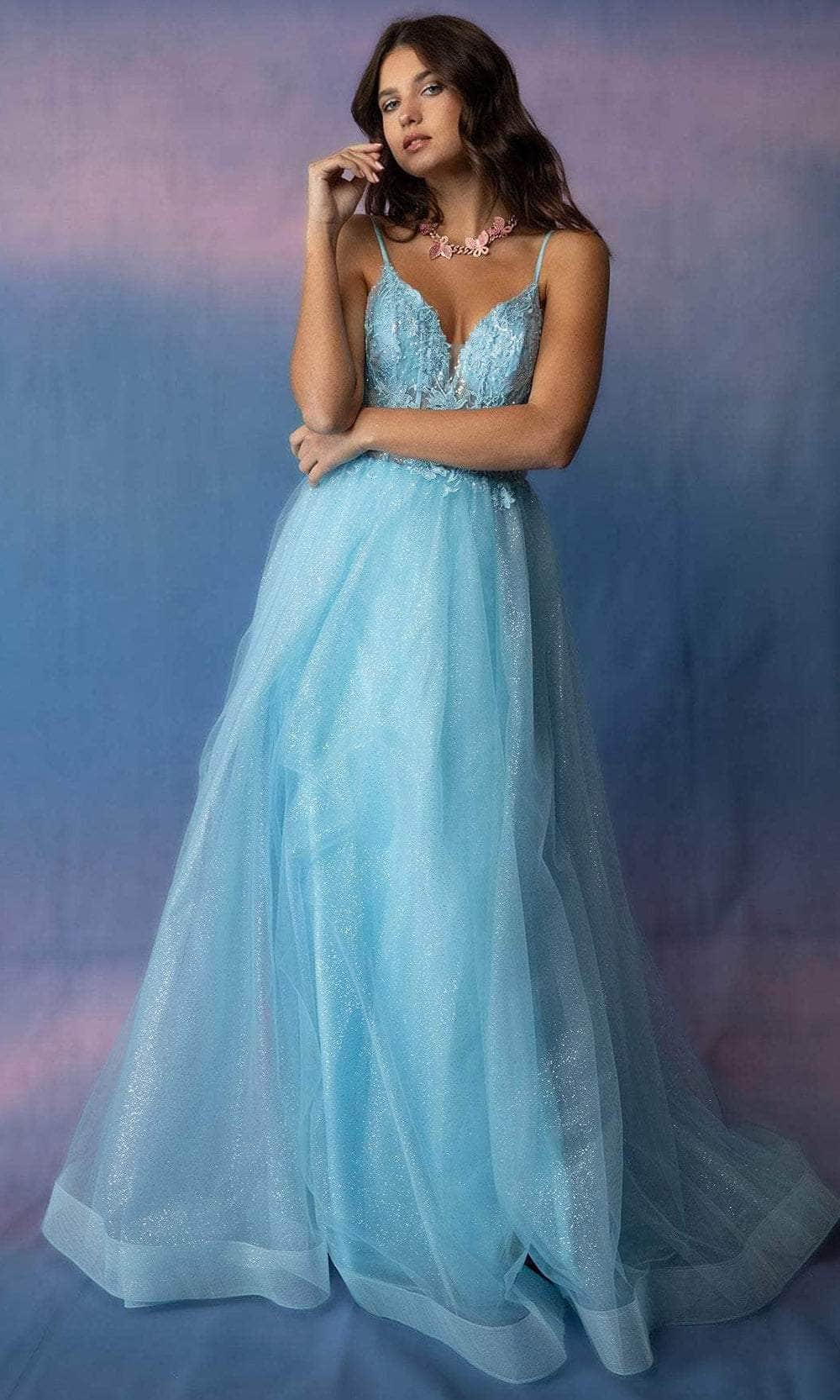 Eureka Fashion 9828 - Embellished Low-cut V-neck Long Gown Prom Dress XS / Bahama Blue
