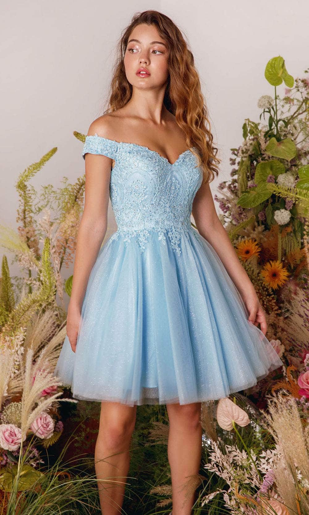 Eureka Fashion 9833 - Off Shoulder Glitter Mesh Cocktail Dress Prom Dresses XS / Bahama Blue