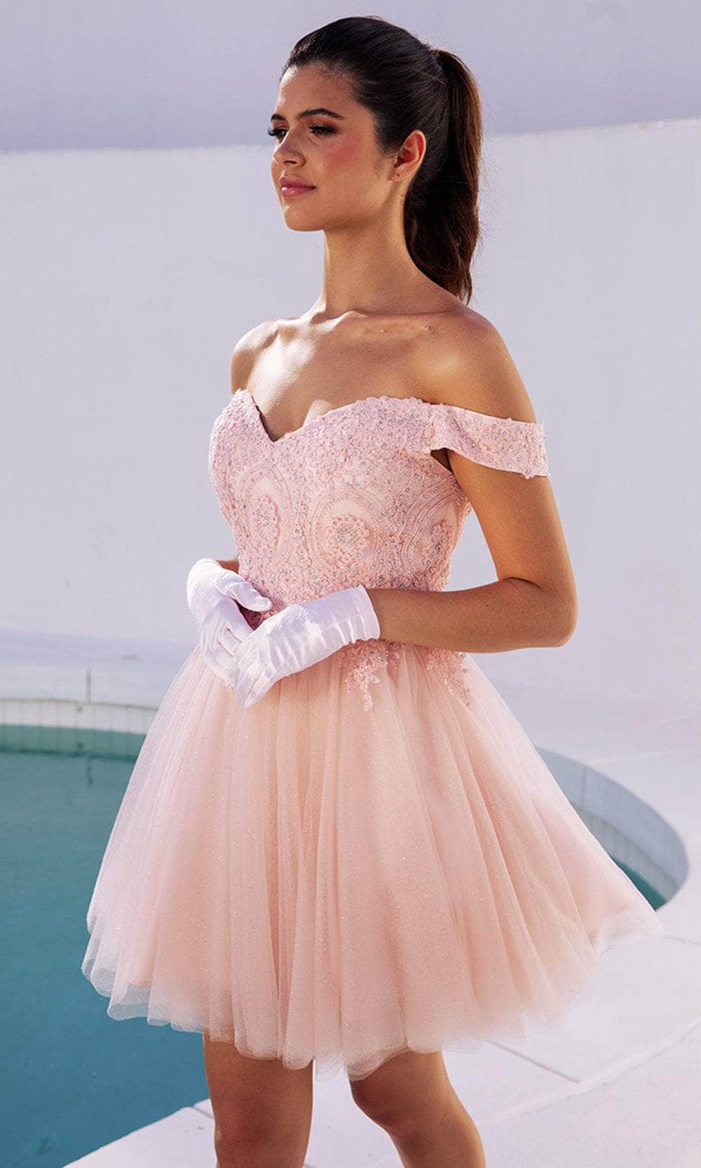 Eureka Fashion 9833 - Off Shoulder Glitter Mesh Cocktail Dress Prom Dresses XS / Blush
