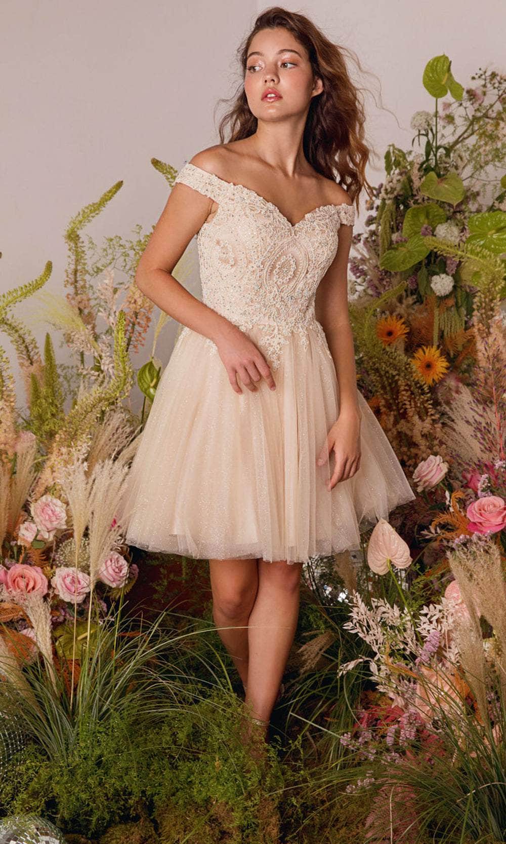 Eureka Fashion 9833 - Short Glitter Tulle A-Line Dress - Off Shoulder Cap Sleeve, Embroidery, Beaded, V-Back, Back Zipper, Layered Skirt ADASA Eureka Fashion 9833 - Short Glitter Tulle A-Line Dress - Off Shoulder Cap Sleeve, Embroidery, Beaded, V-Back, Back Zipper, Layered Skirt ADASA