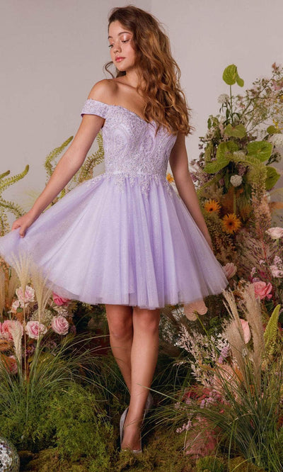 Eureka Fashion 9833 - Off Shoulder Glitter Mesh Cocktail Dress Prom Dresses XS / Lilac