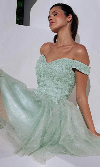 Eureka Fashion 9833 - Off Shoulder Glitter Mesh Cocktail Dress Prom Dresses XS / Sage