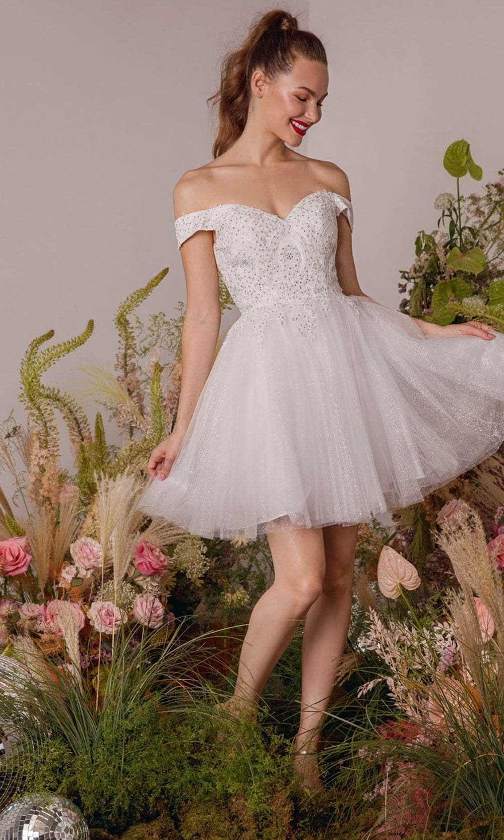 Off-Shoulder Short Homecoming Dress with Lace Bodice Champagne / Medium Off-Shoulder Short Homecoming Dress with Lace Bodice Champagne / Medium
