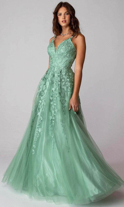 Eureka Fashion 9858 - Embroidered Sleeveless V-neck Long Gown Prom Dresses