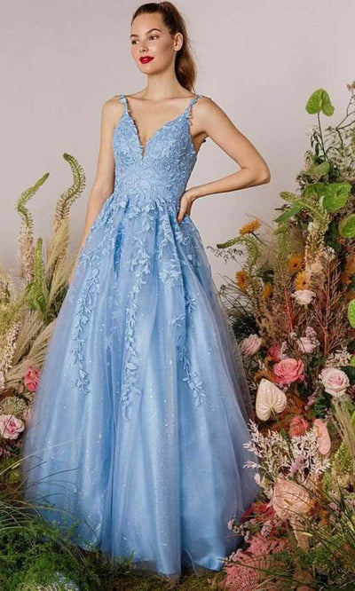Eureka Fashion 9858 - Embroidered Sleeveless V-neck Long Gown Prom Dresses XS / Bahama Blue