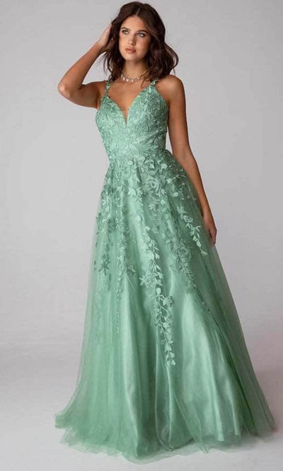 Eureka Fashion 9858 - Embroidered Sleeveless V-neck Long Gown Prom Dresses XS / Sage
