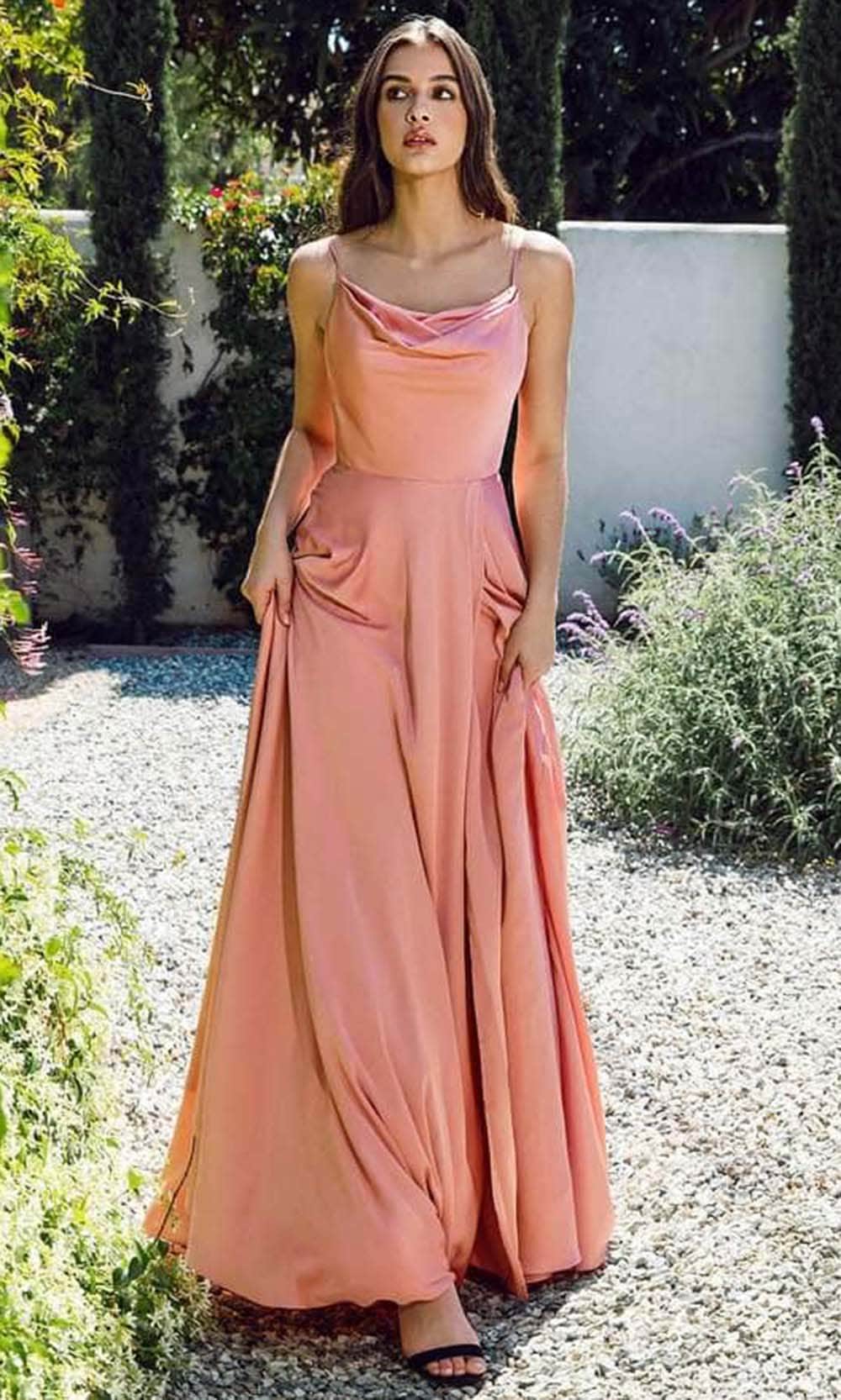 Eureka Fashion 9916 - Seamed Sleeveless Cowl Neck Long Gown Prom Dresses XS / Desert Coral
