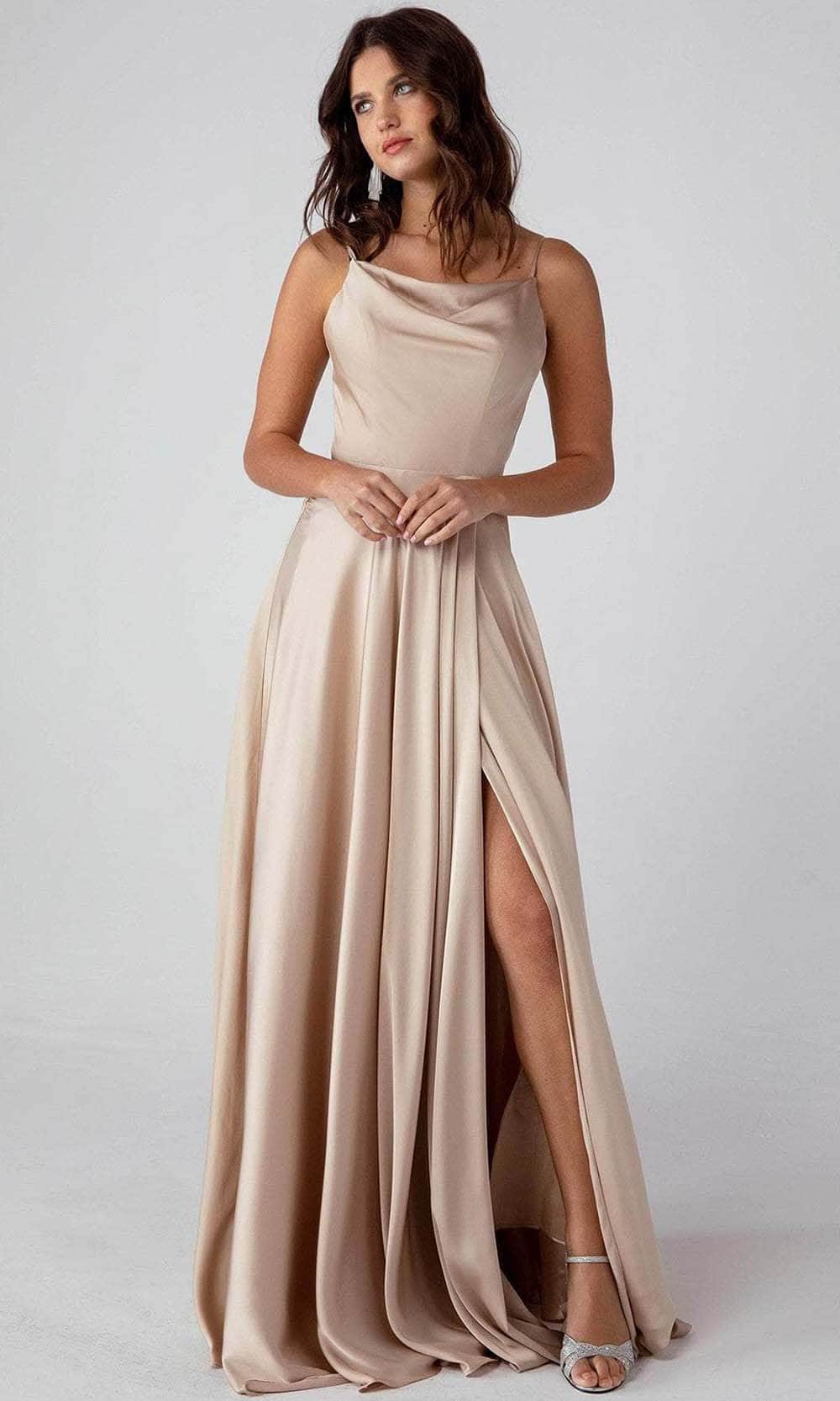 Eureka Fashion 9916 - Seamed Sleeveless Cowl Neck Long Gown Prom Dresses XS / Sand