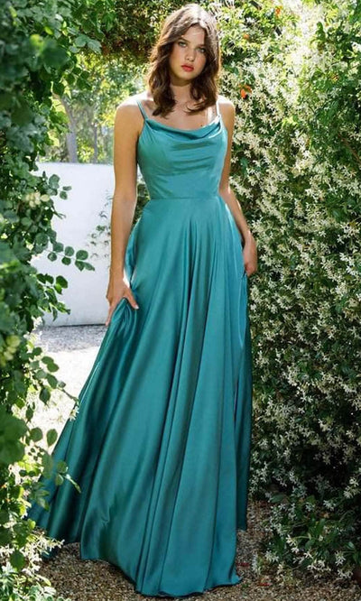 Eureka Fashion 9916 - Seamed Sleeveless Cowl Neck Long Gown Prom Dresses XS / Sea Glass