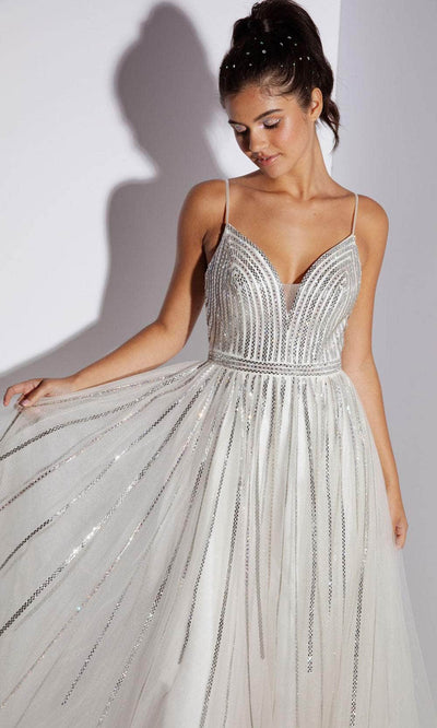 Eureka Fashion EK109 - V-Neck Sleeveless Dress Prom Dresses XS / Off White/Silver