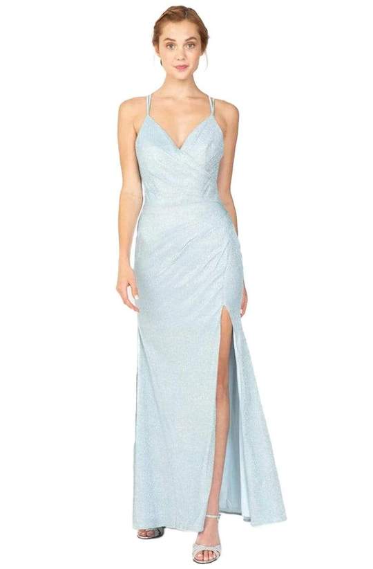 Eureka Fashion - 9933SC V Neck Pleated High Slit Gown In Blue