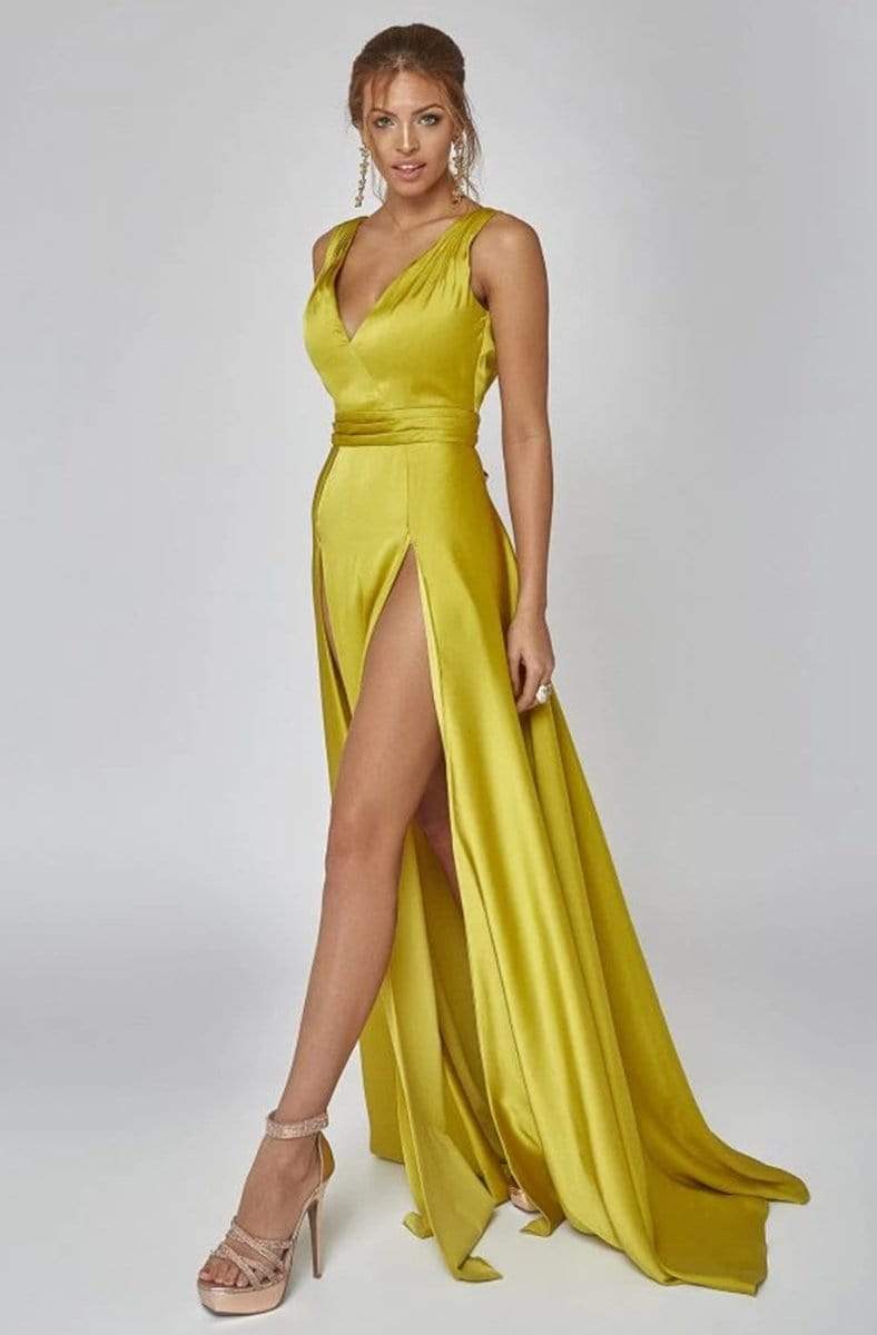 Terani Couture - 1922E0206 Sleeveless V Neck Double Slit Evening Gown Evening Dresses 00 / Yellow Gold