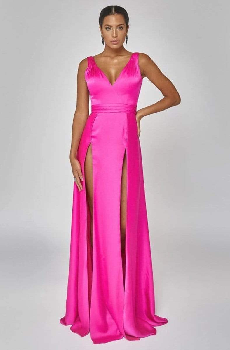 Terani Couture - 1922E0206 Sleeveless V Neck Double Slit Evening Gown Evening Dresses 00 / Fuchsia