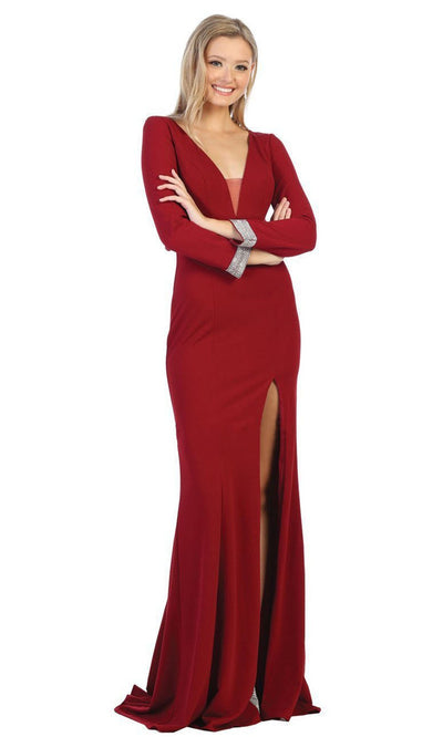 May Queen - Jeweled Cuff Long Sleeves Dress with Slit MQ1761 In Red