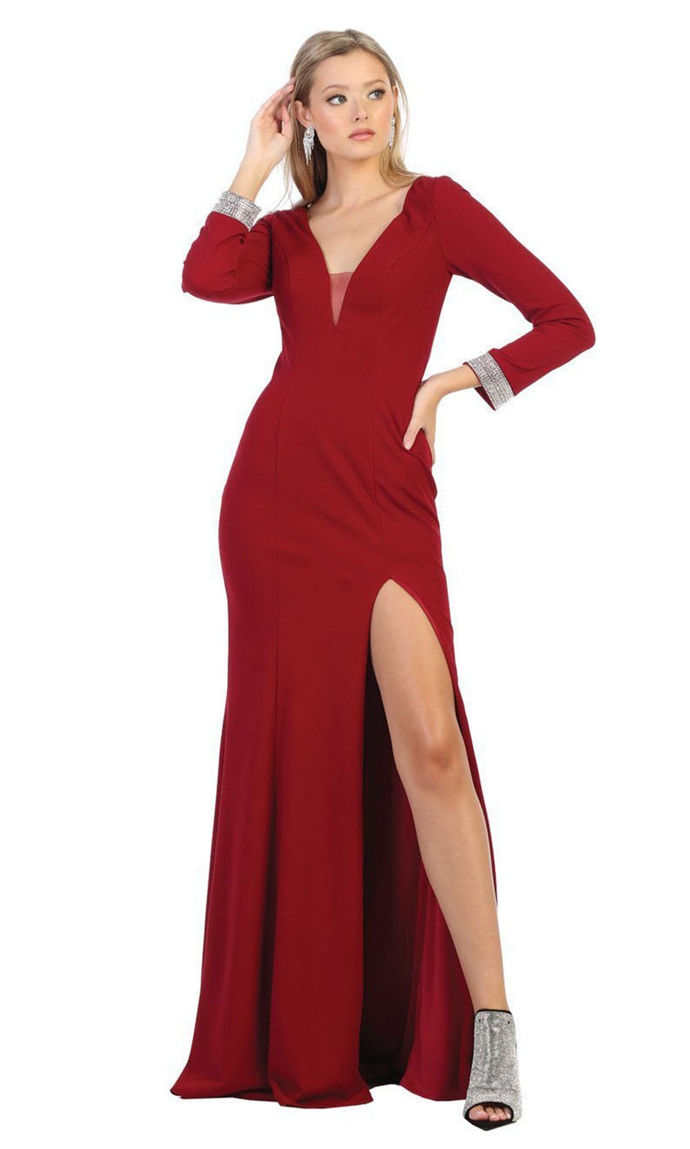 May Queen - Jeweled Cuff Long Sleeves Dress with Slit MQ1761 In Red