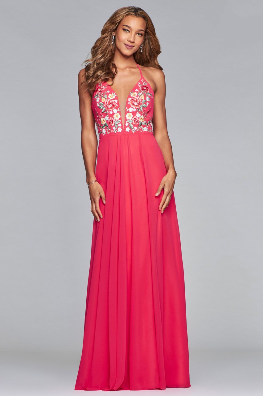 Faviana - 10000 Plunging Floral Embroidered Chiffon Gown Prom Dresses 0 / Guava