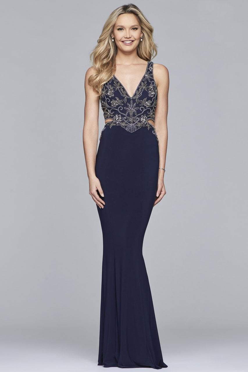 Faviana - 10108 Beaded Plunging V-neck Sheath Dress Special Occasion Dress 0 / Navy