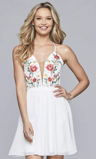Faviana - 10150 Floral Embroidered Sheer Plunging Neck Cocktail Dress Cocktail Dresses 0 / Ivory