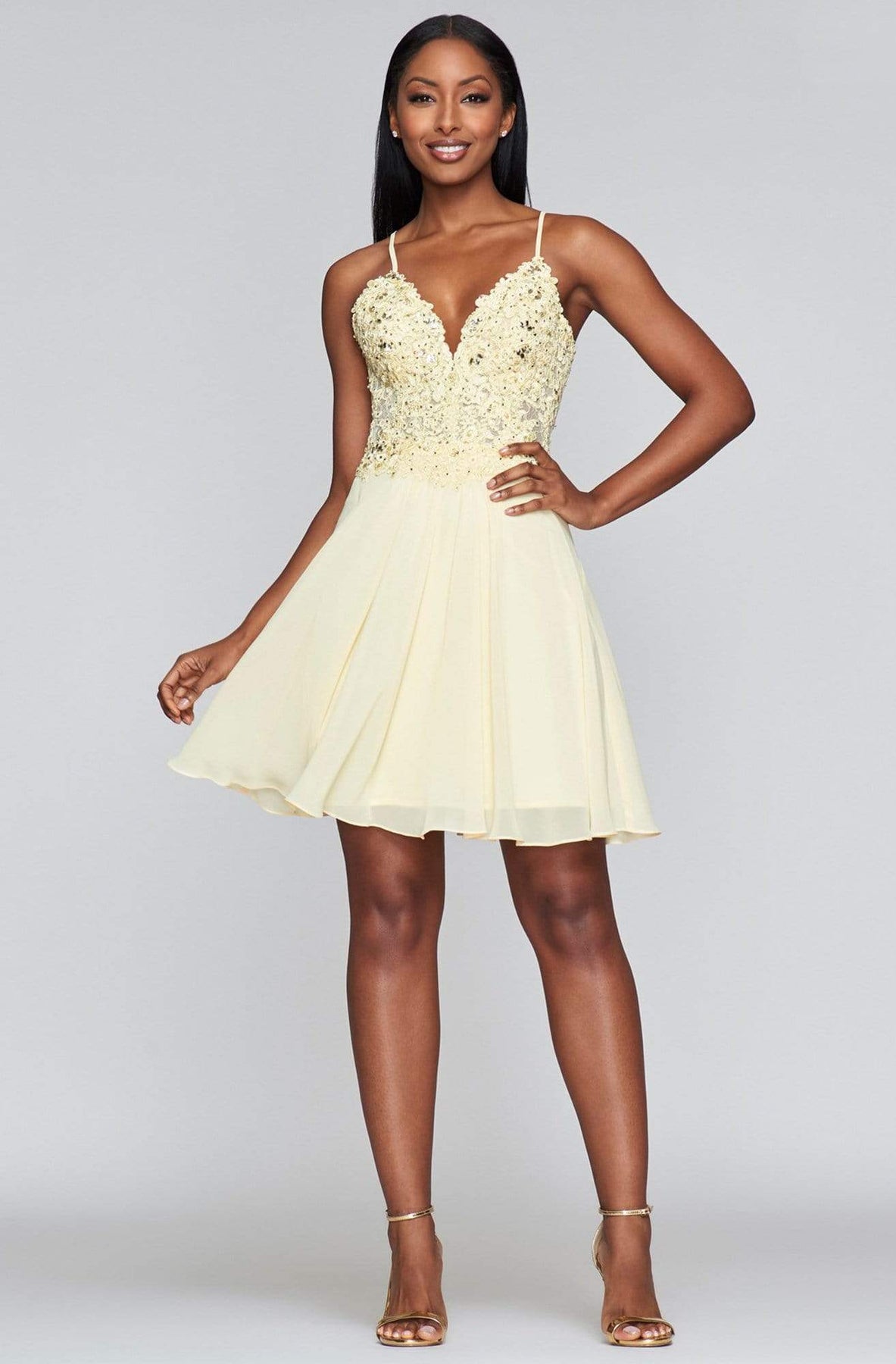 Faviana - 10151 Embellished Chiffon A-line Cocktail Dress Special Occasion Dress 00 / Buttercream