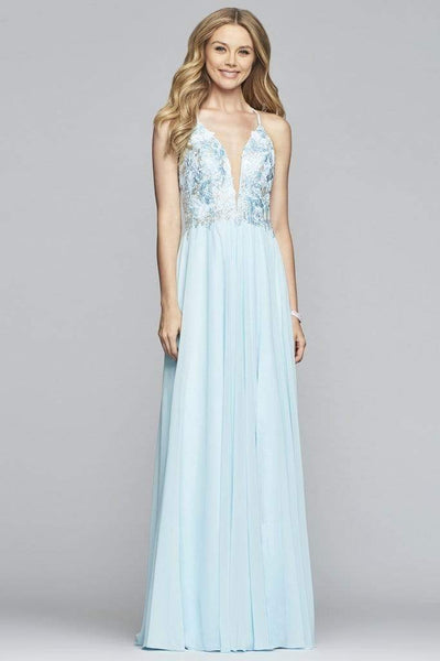 Faviana - 10201 Plunging V Neckline Halter Lace Up Back Gown Bridesmaid Dresses 00 / Ice Blue