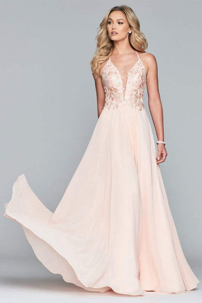 Faviana - 10201 Plunging V Neckline Halter Lace Up Back Gown Bridesmaid Dresses 00 / Light Peach
